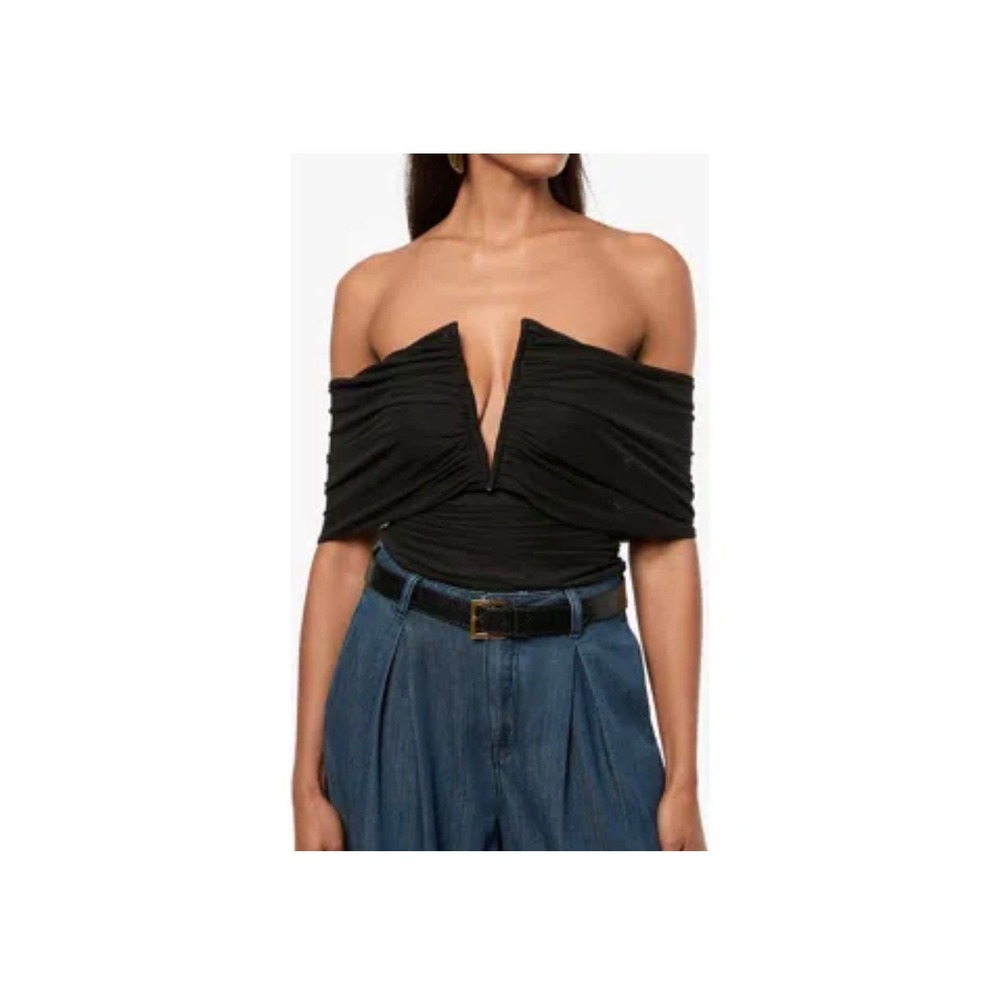 WeWoreWhat Black Ruched Mesh Draped Off The Shoulder Bodysuit Small NWT